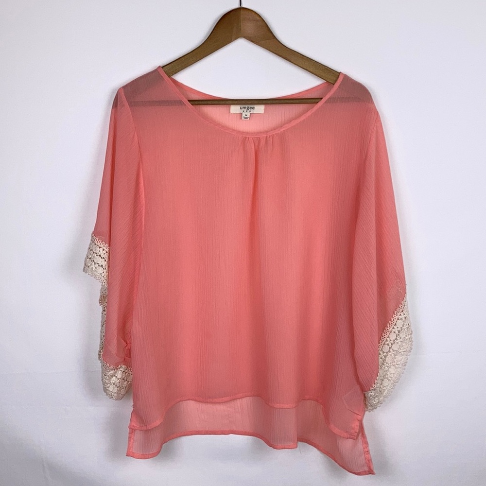 UMGEE Boho Box Blouse Peach Pink Medium Semi Sheer Lace Edging